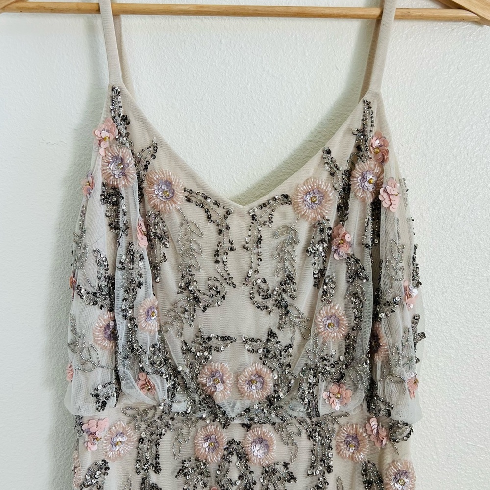 Adrianna Papell Beaded Floral Nude Short Dress - Picture 2 of 6
